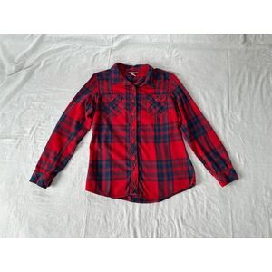 Women's Duluth Trading Company Red/Blue Button Up Cotton/Poly Long Sleeve Shirt